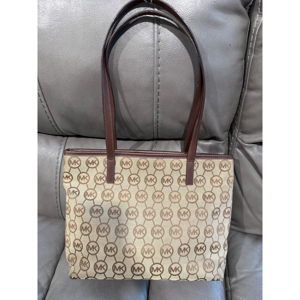 Michael Kors Signature Monogram Tote Bag Beige Brown Leather Trim Shoulder Bag